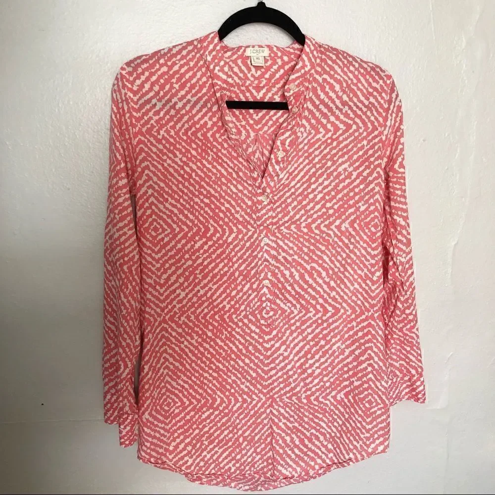 J Crew pink and white geometric print button down tunic shirt lightweight cotton